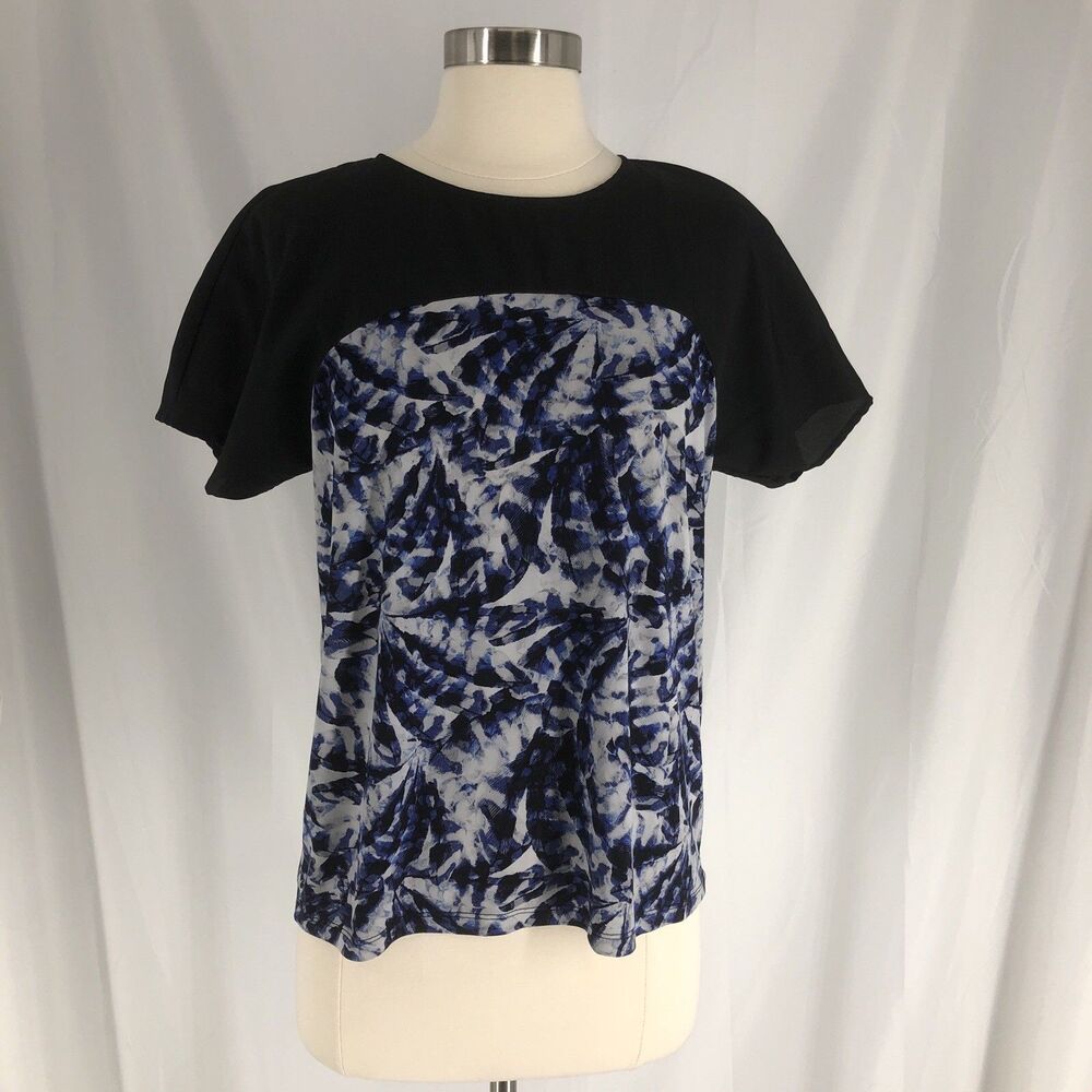 Calvin Klein Small Women’s Top Blouse  Short Sleeve Floral Blue Black